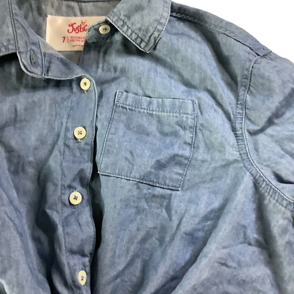 Justice Button Down Shirt‎ Girls 7 Blue Chambray Tie Front Casual School